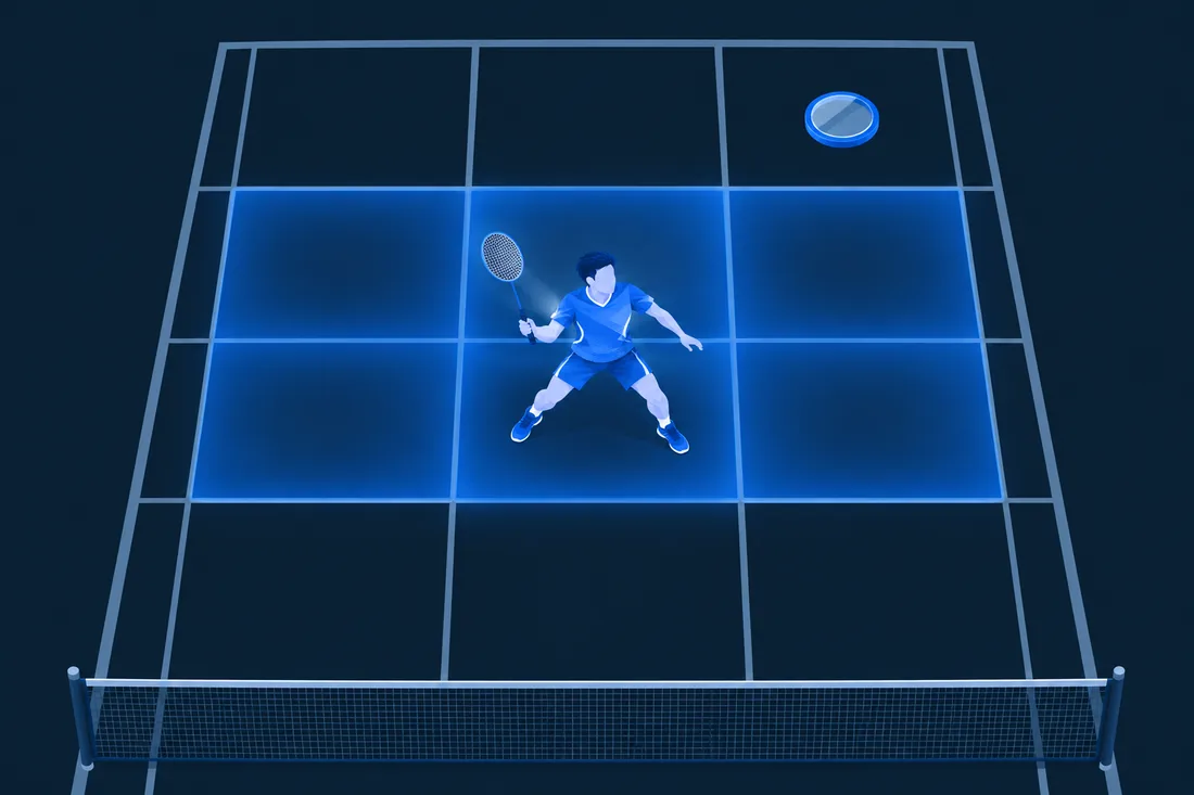 Top view of the court: the rival stands in a glowing blue zone of cells he can reach