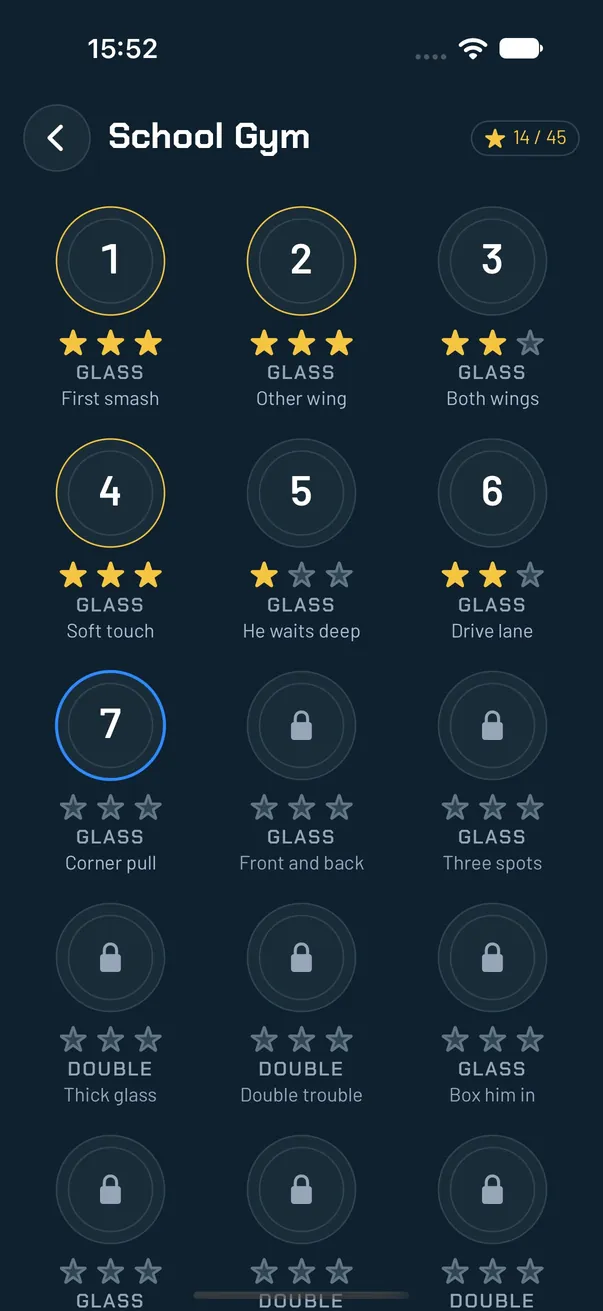 School Gym level list with stars and mechanics